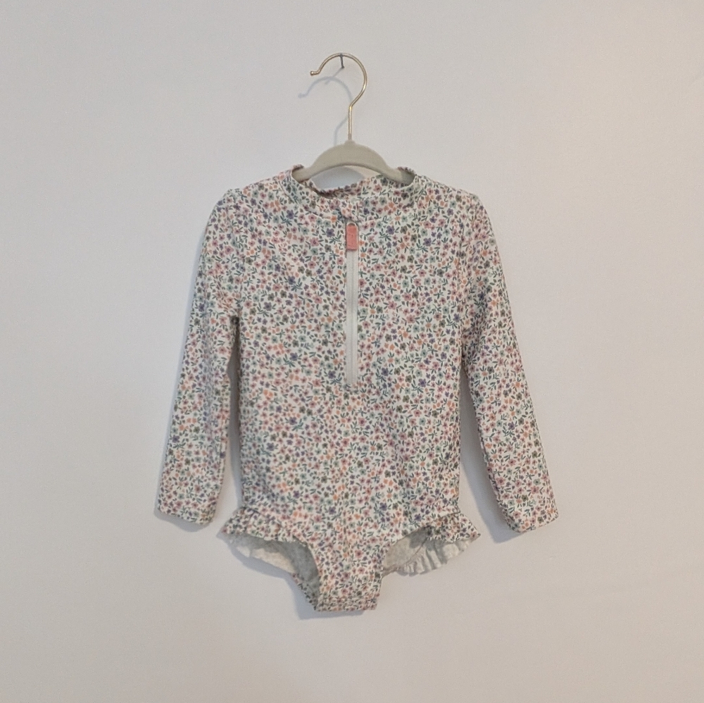 24M - Floral Long-Sleeve Rashguard Swimsuit - White with Pink & Blue Flowers